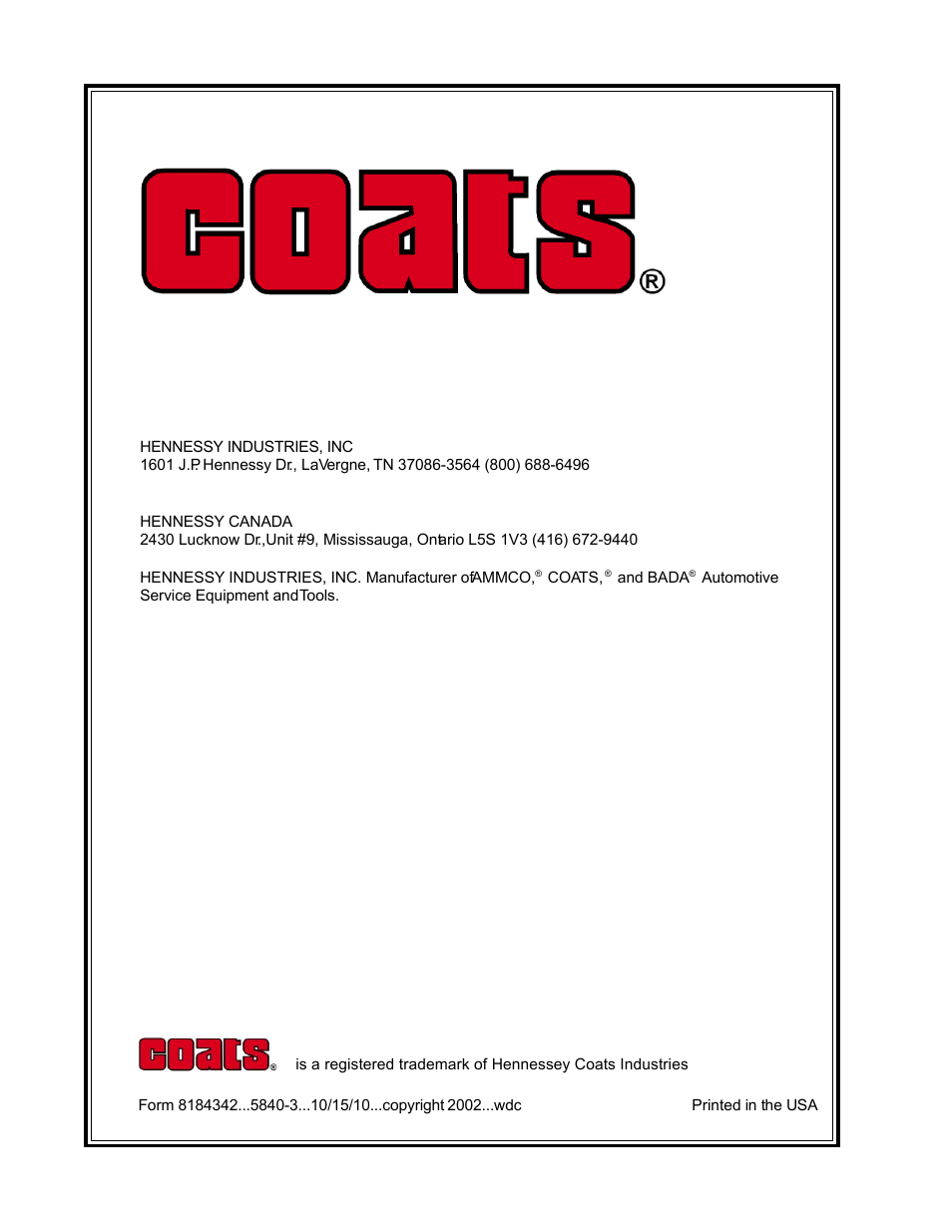 COATS 6200HS Truck Wheel Balancer User Manual | Page 40 / 40