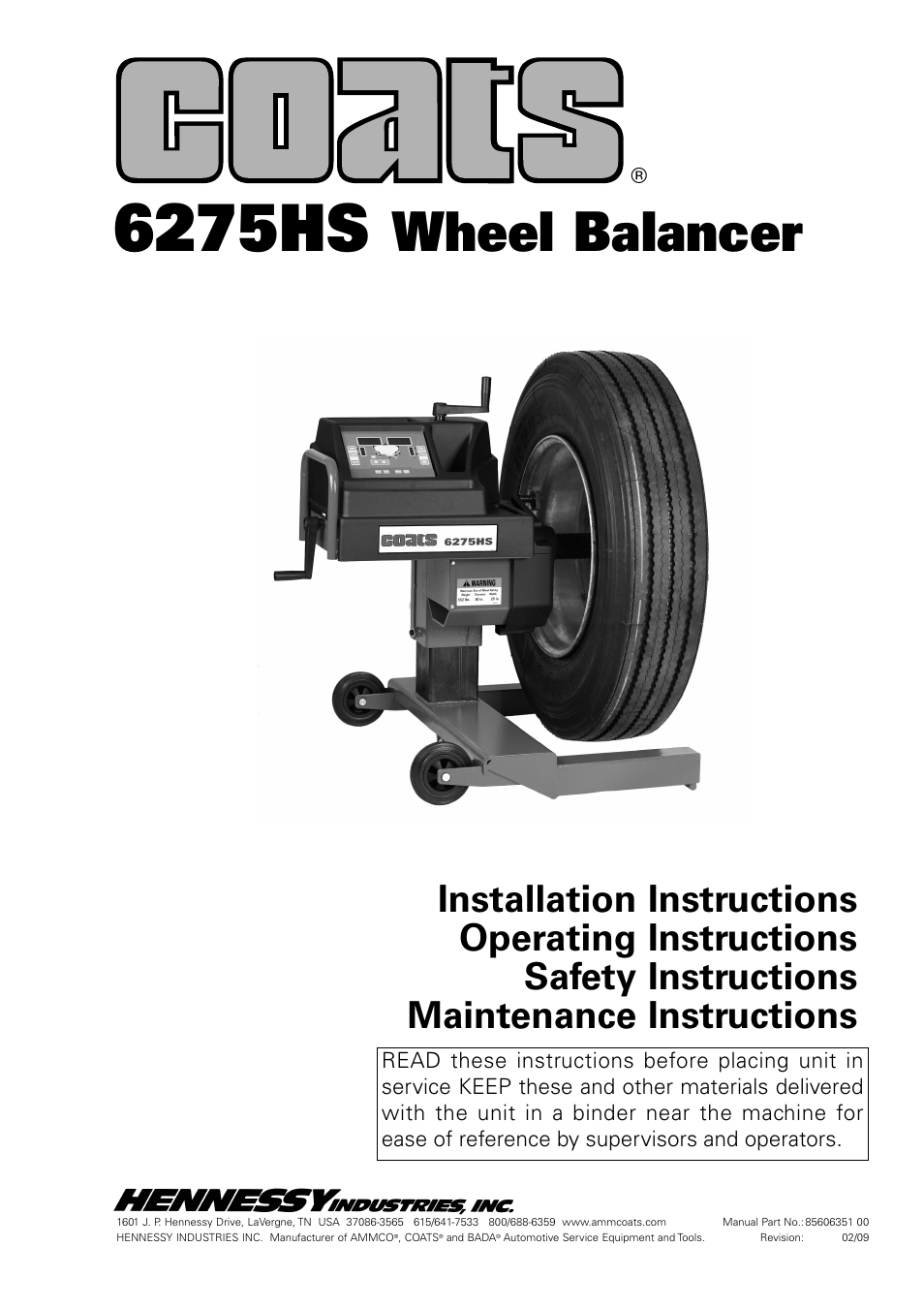 COATS 6275HS Truck Wheel Balancer User Manual | 18 pages