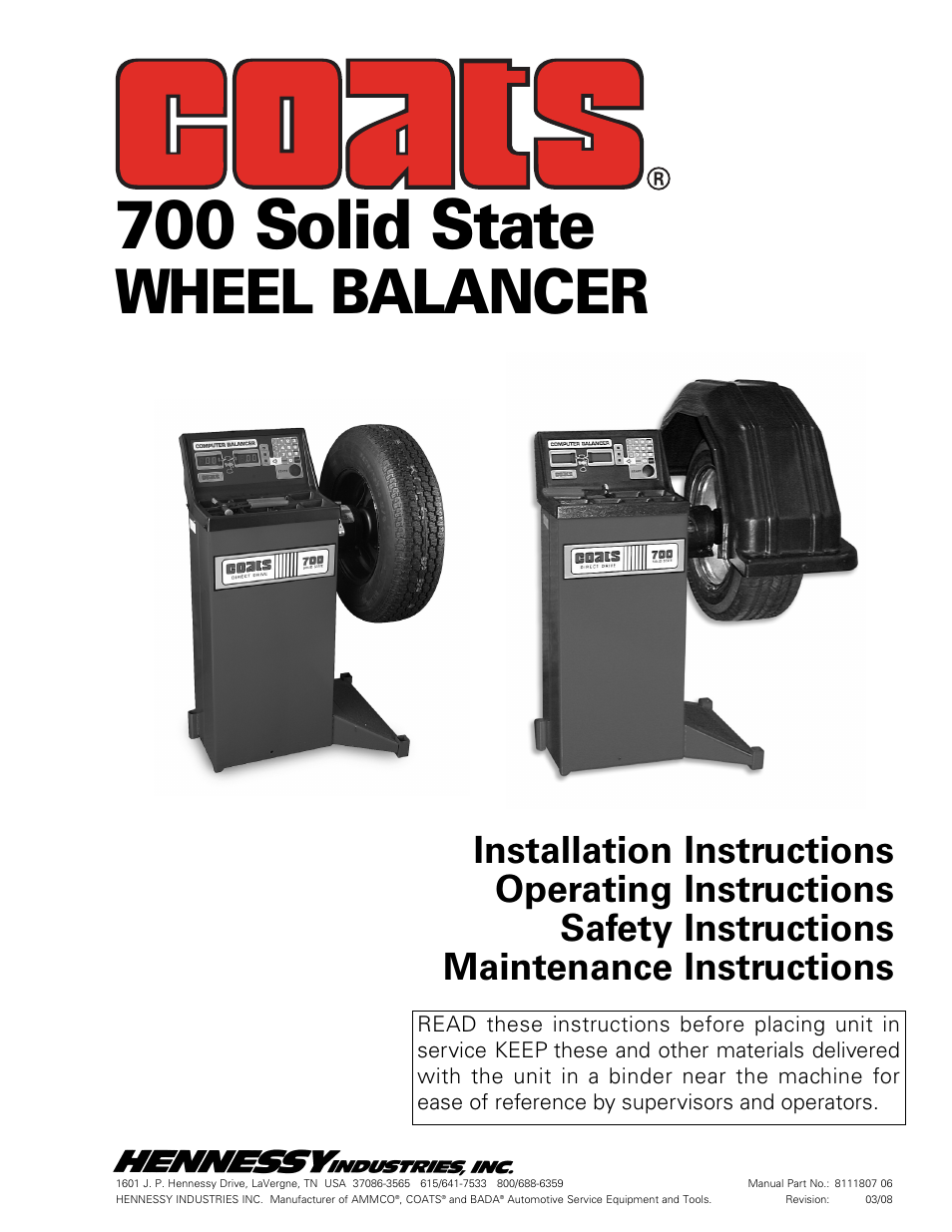 COATS 700 Solid State Wheel Balancer User Manual | 16 pages