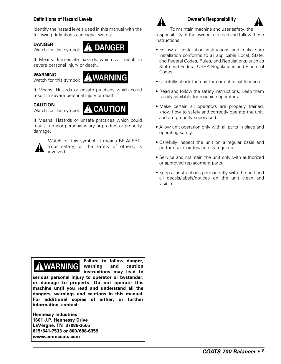 Warning danger warning caution | COATS 700 Solid State Wheel Balancer User Manual | Page 5 / 16
