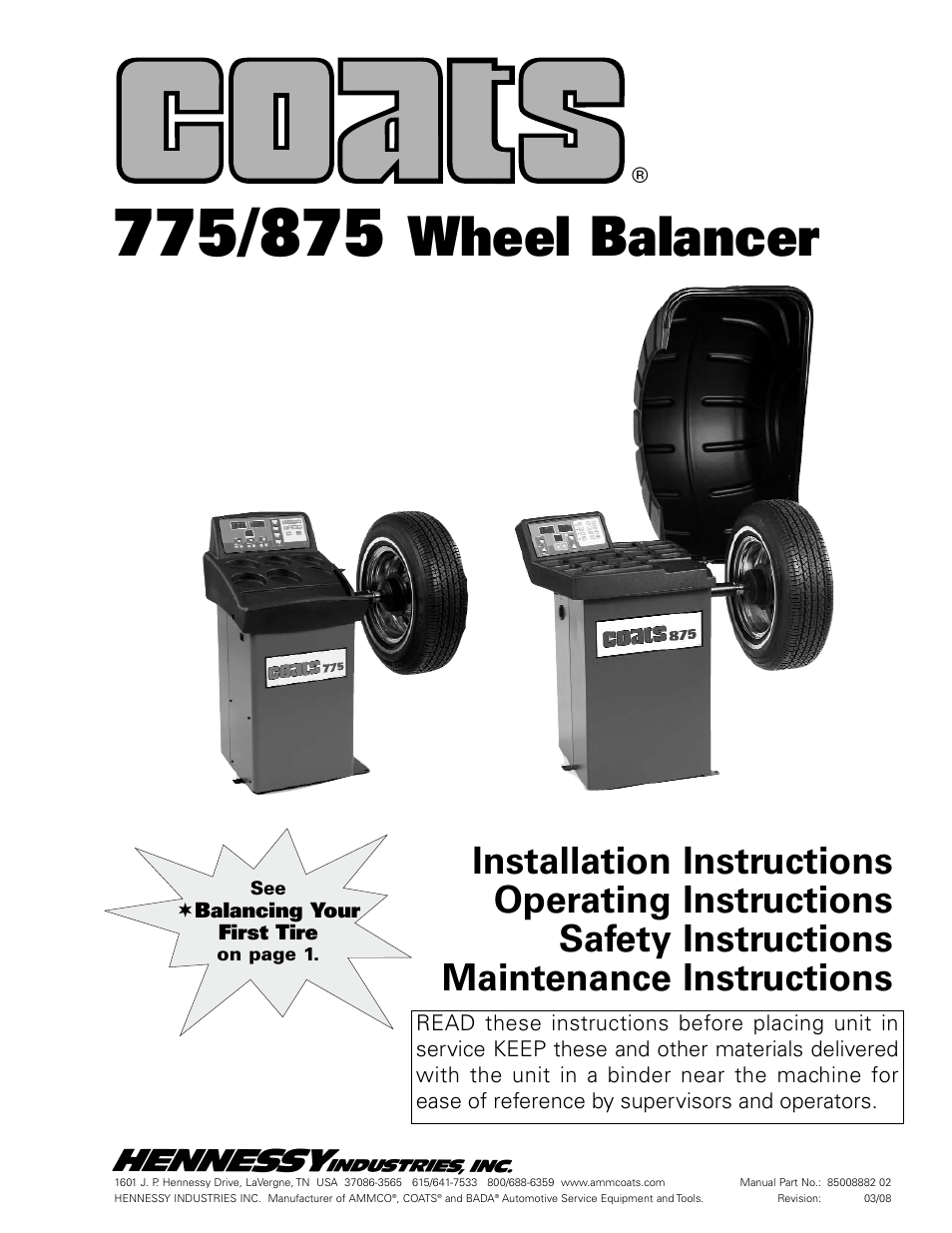 COATS 875 Series Balancer User Manual | 28 pages