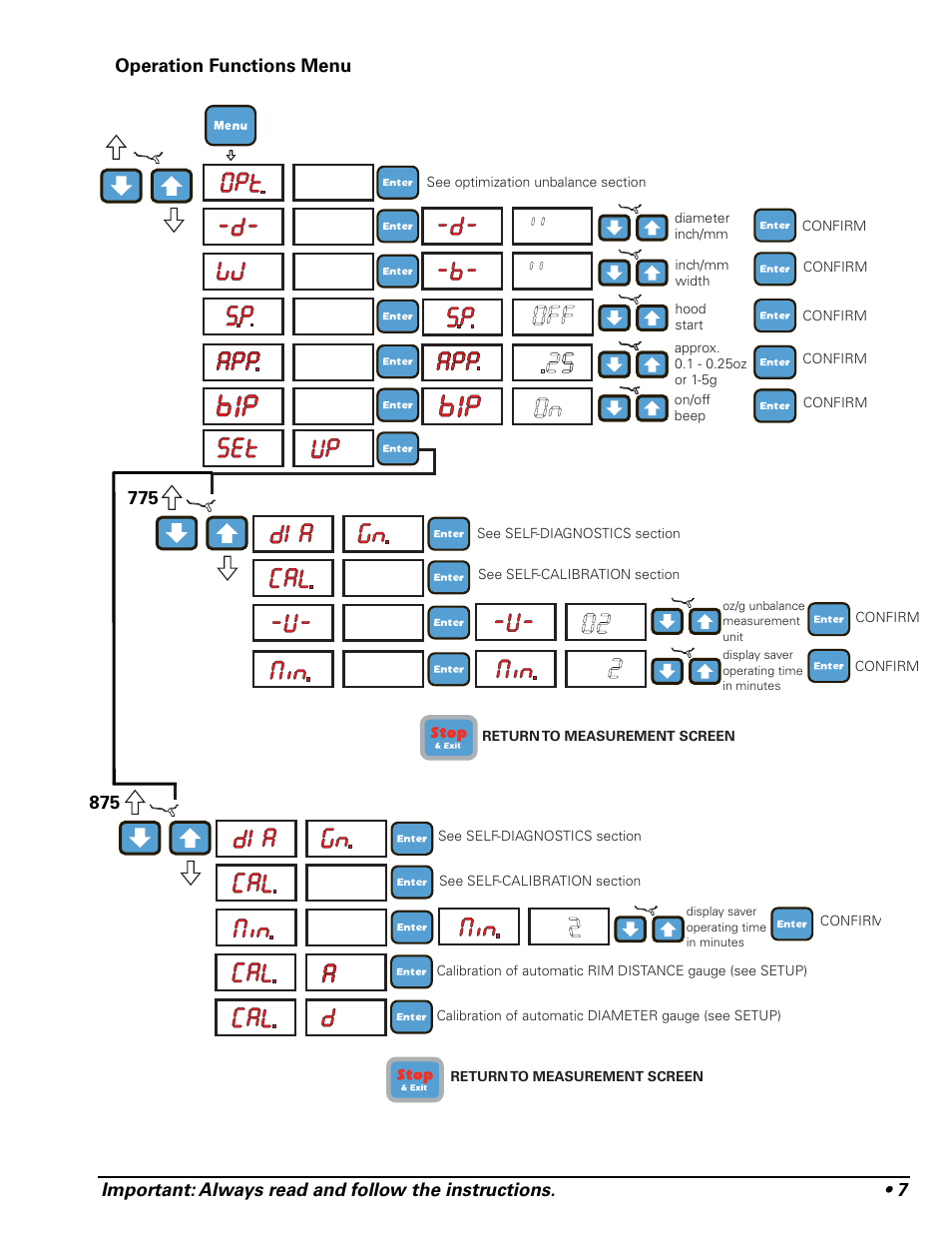 Operation functions menu | COATS 875 Series Balancer User Manual | Page 13 / 28