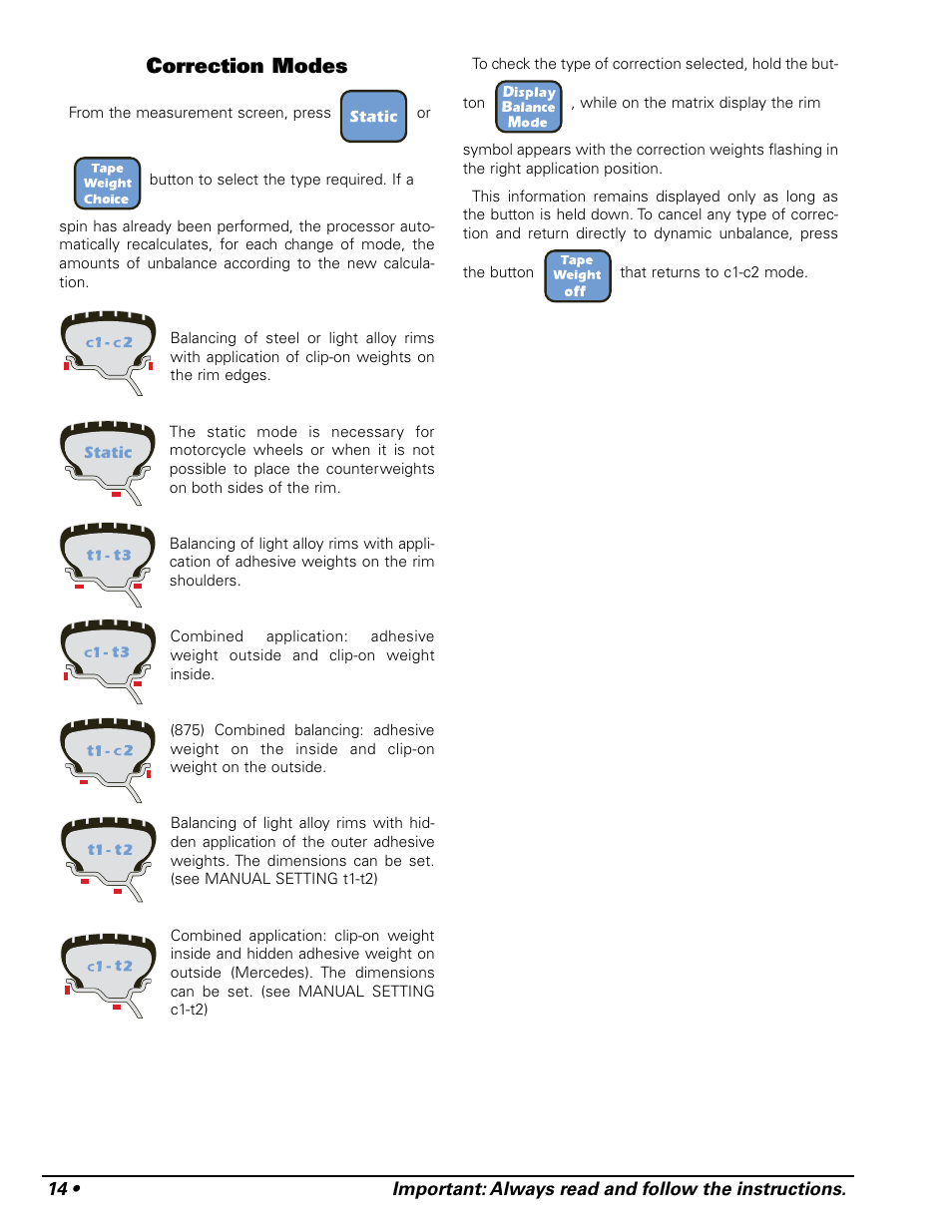 Correction modes | COATS 875 Series Balancer User Manual | Page 20 / 28