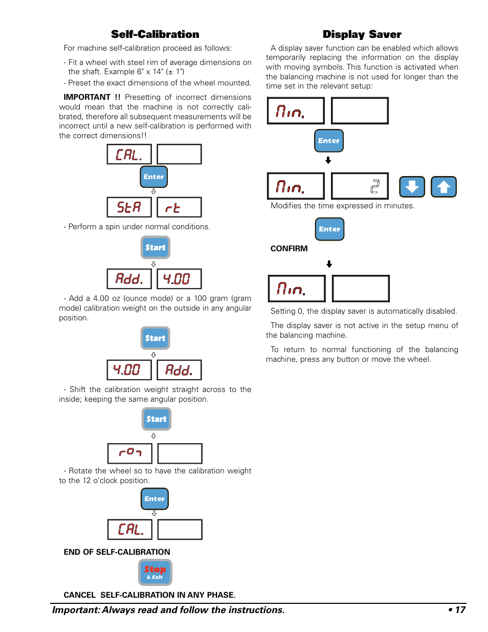 Self-calibration, Display saver | COATS 875 Series Balancer User Manual | Page 23 / 28