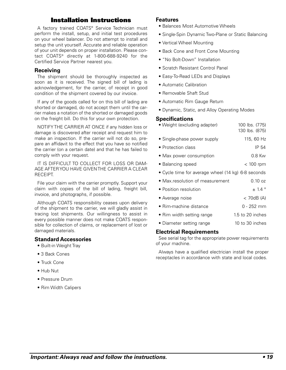 Installation instructions | COATS 875 Series Balancer User Manual | Page 25 / 28