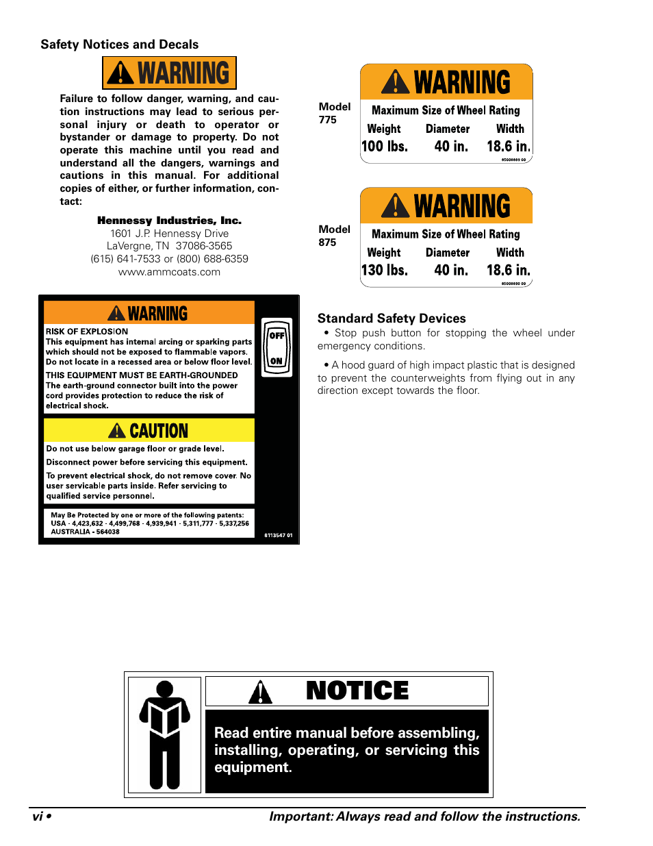 Warning, Notice | COATS 875 Series Balancer User Manual | Page 6 / 28