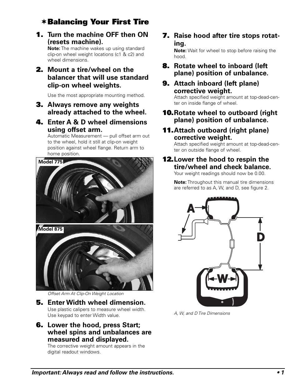 Balancing your first tire | COATS 875 Series Balancer User Manual | Page 7 / 28