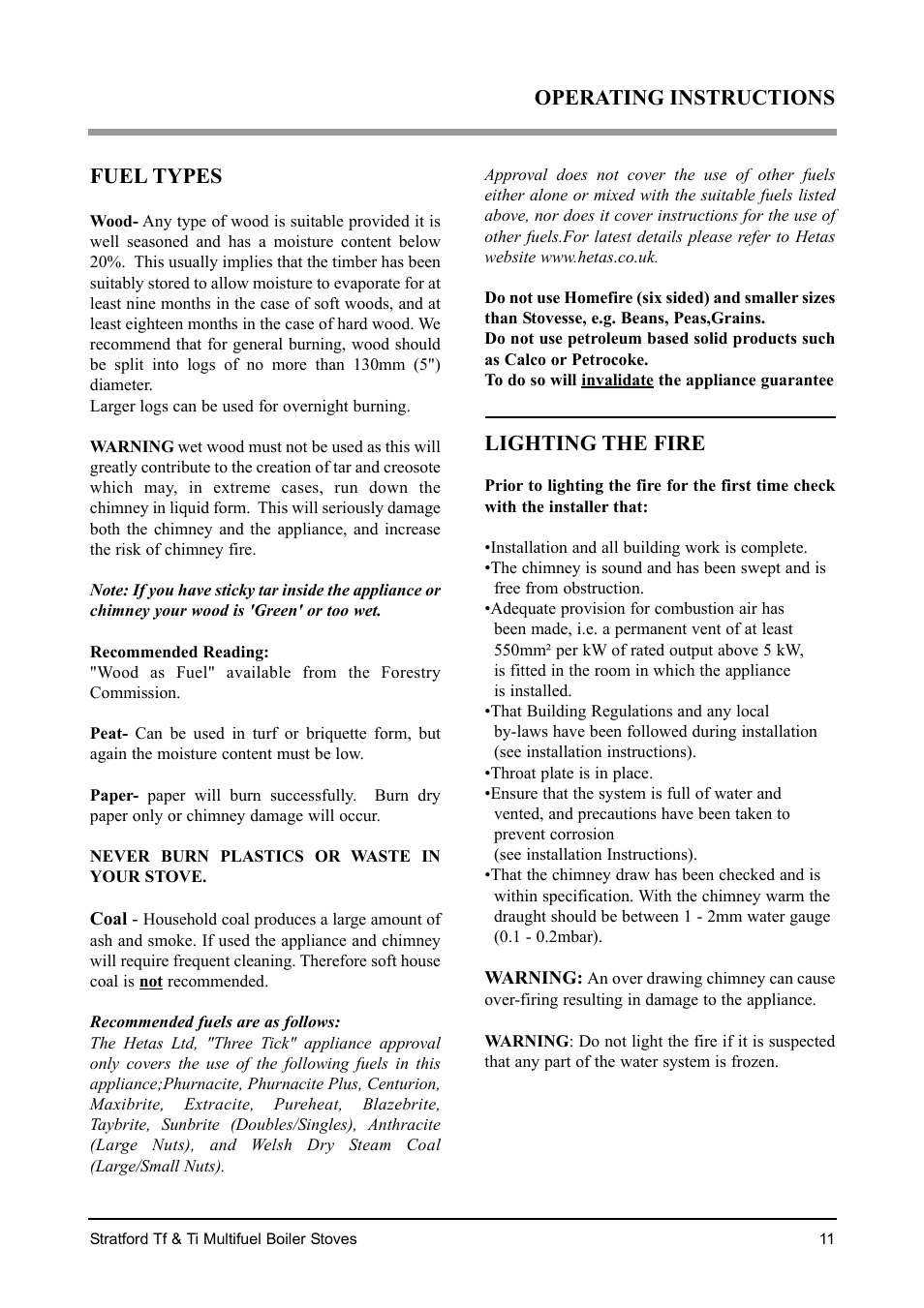 Operating instructions fuel types, Lighting the fire | Aarrow Fires Stratford Ti User Manual | Page 11 / 36