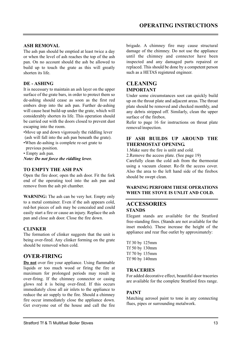 Operating instructions, Over-firing, Cleaning | Accessories | Aarrow Fires Stratford Ti User Manual | Page 13 / 36