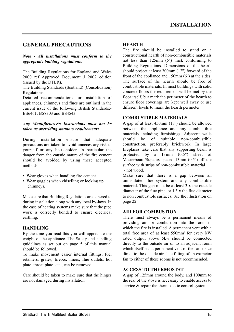 Installation general precautions | Aarrow Fires Stratford Ti User Manual | Page 15 / 36