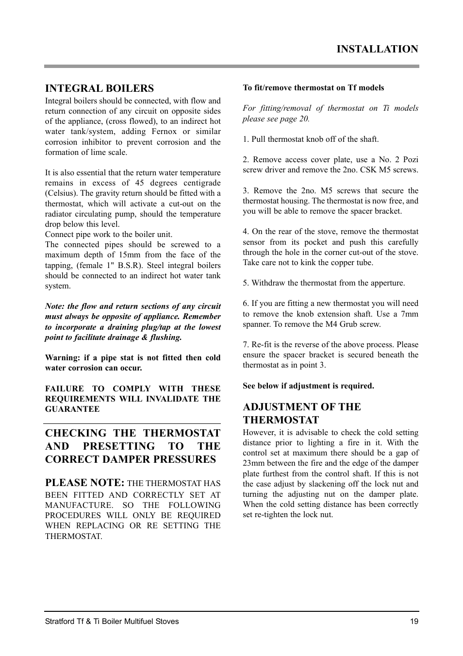 Installation integral boilers, Adjustment of the thermostat | Aarrow Fires Stratford Ti User Manual | Page 19 / 36