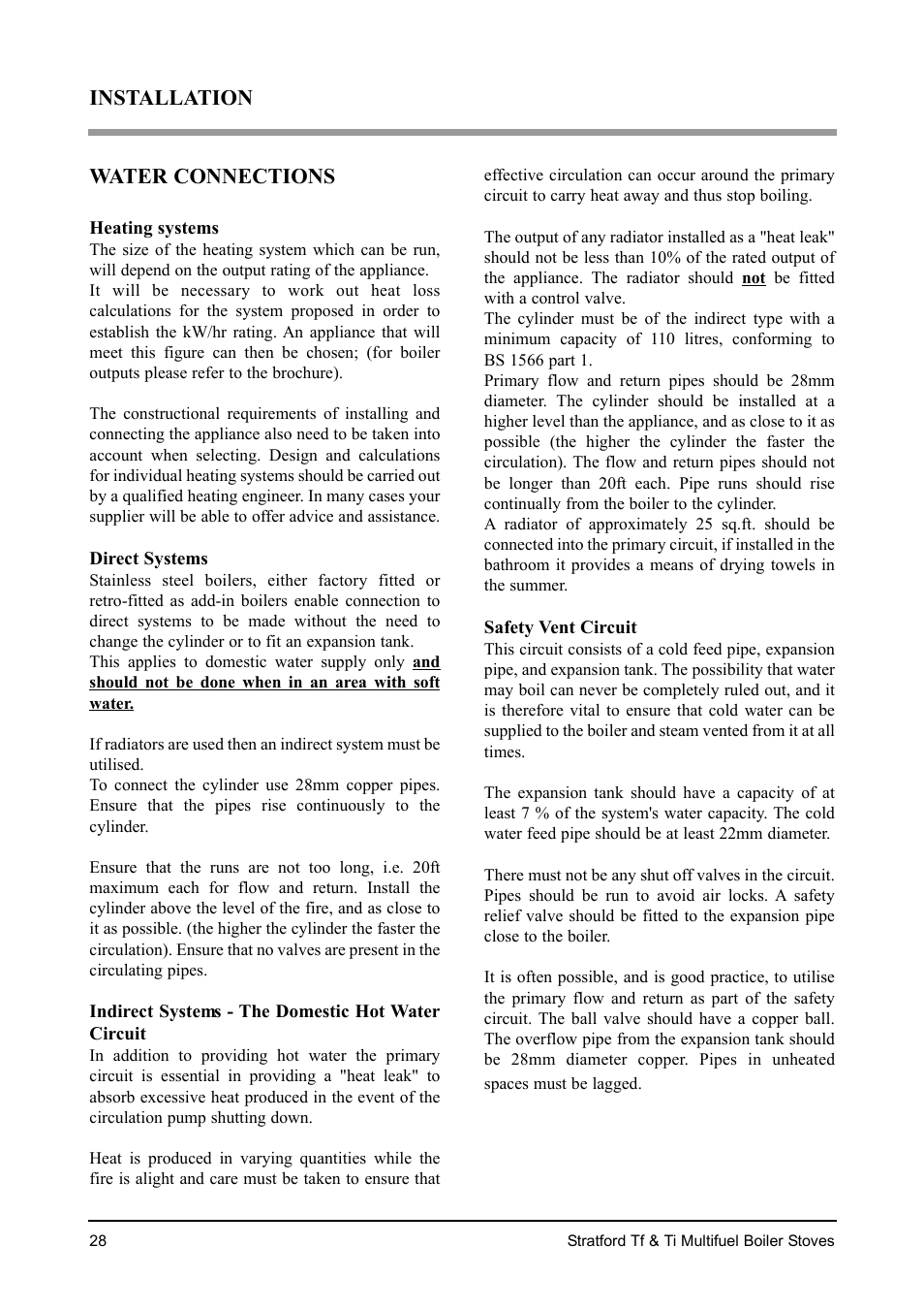 Water connections, Installation | Aarrow Fires Stratford Ti User Manual | Page 28 / 36