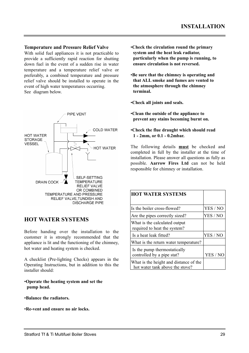 Installation, Hot water systems | Aarrow Fires Stratford Ti User Manual | Page 29 / 36