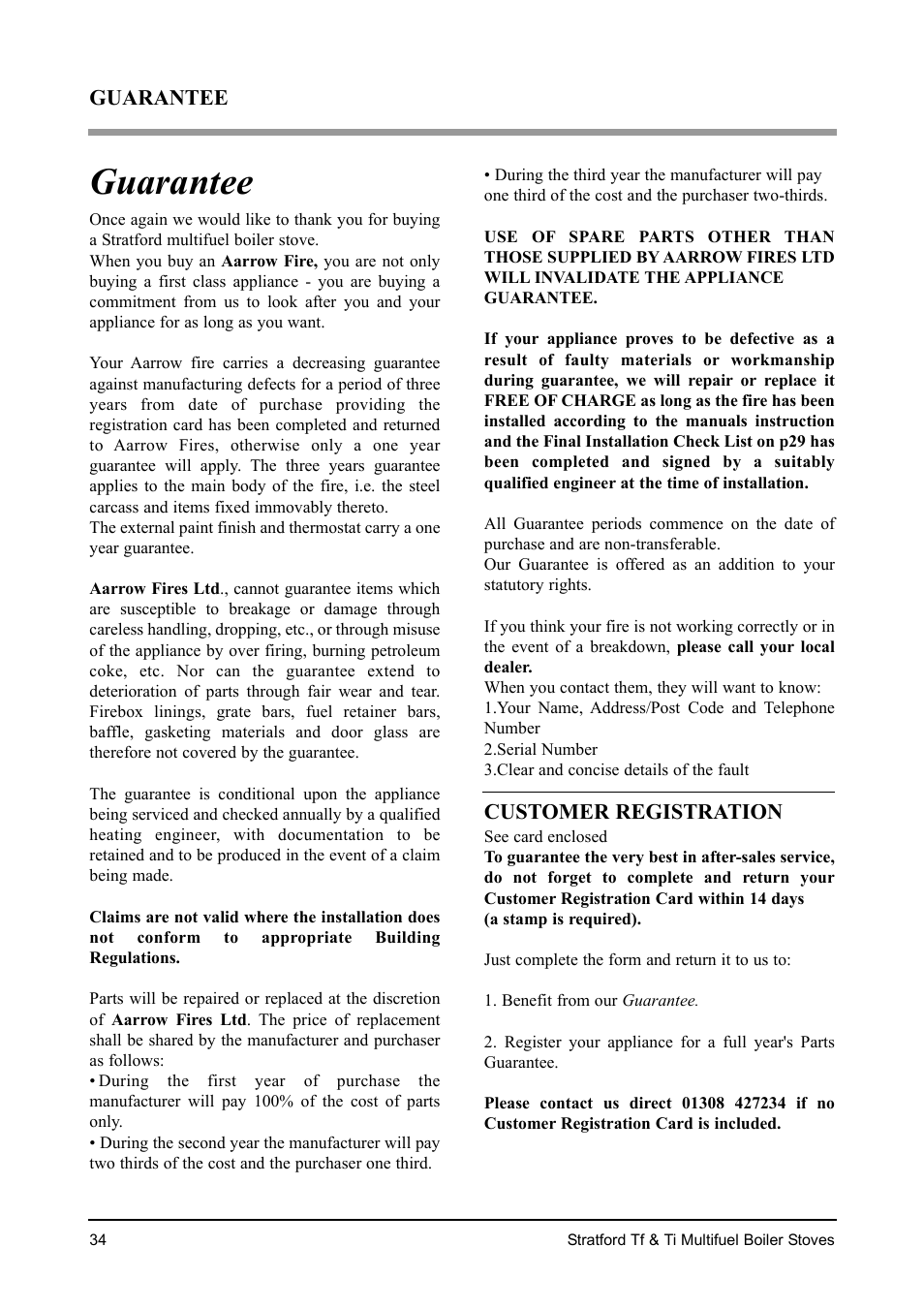 Guarantee, Customer registration | Aarrow Fires Stratford Ti User Manual | Page 34 / 36