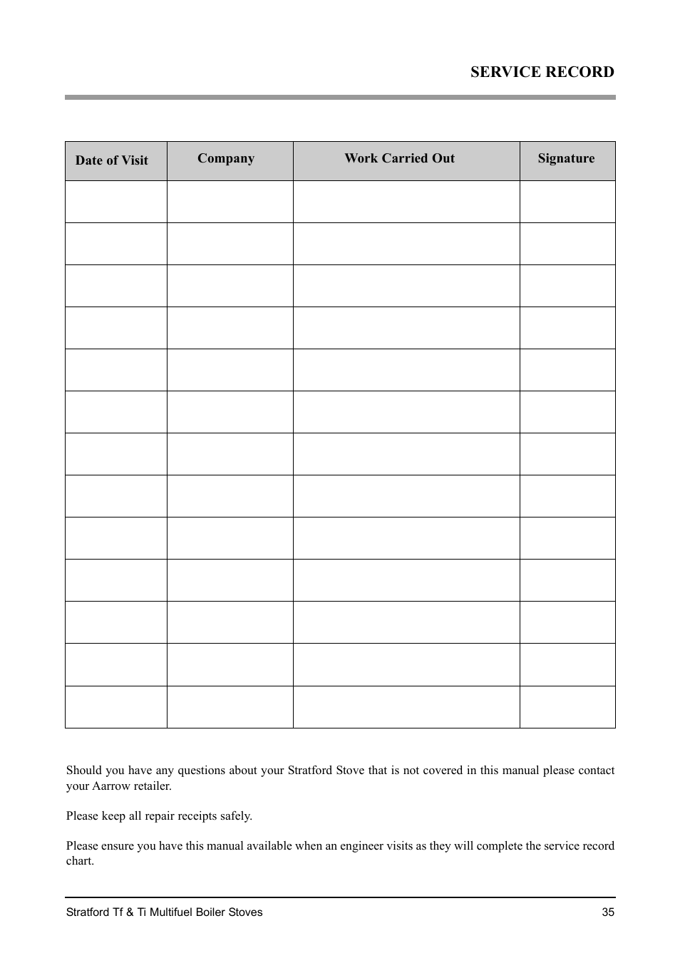 Service record | Aarrow Fires Stratford Ti User Manual | Page 35 / 36
