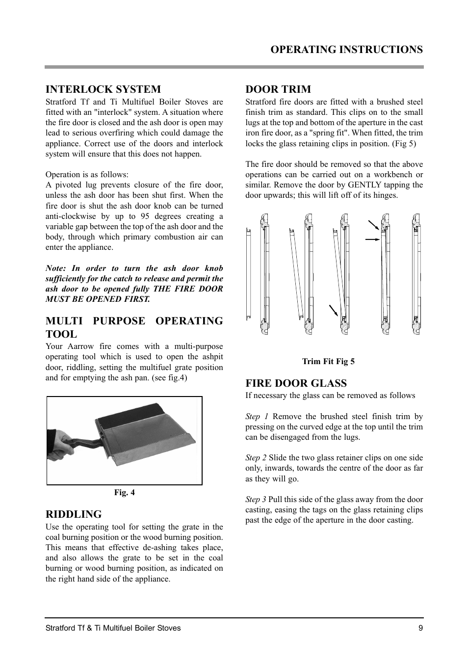 Interlock system, Multi purpose operating tool, Riddling | Door trim, Fire door glass, Operating instructions | Aarrow Fires Stratford Ti User Manual | Page 9 / 36