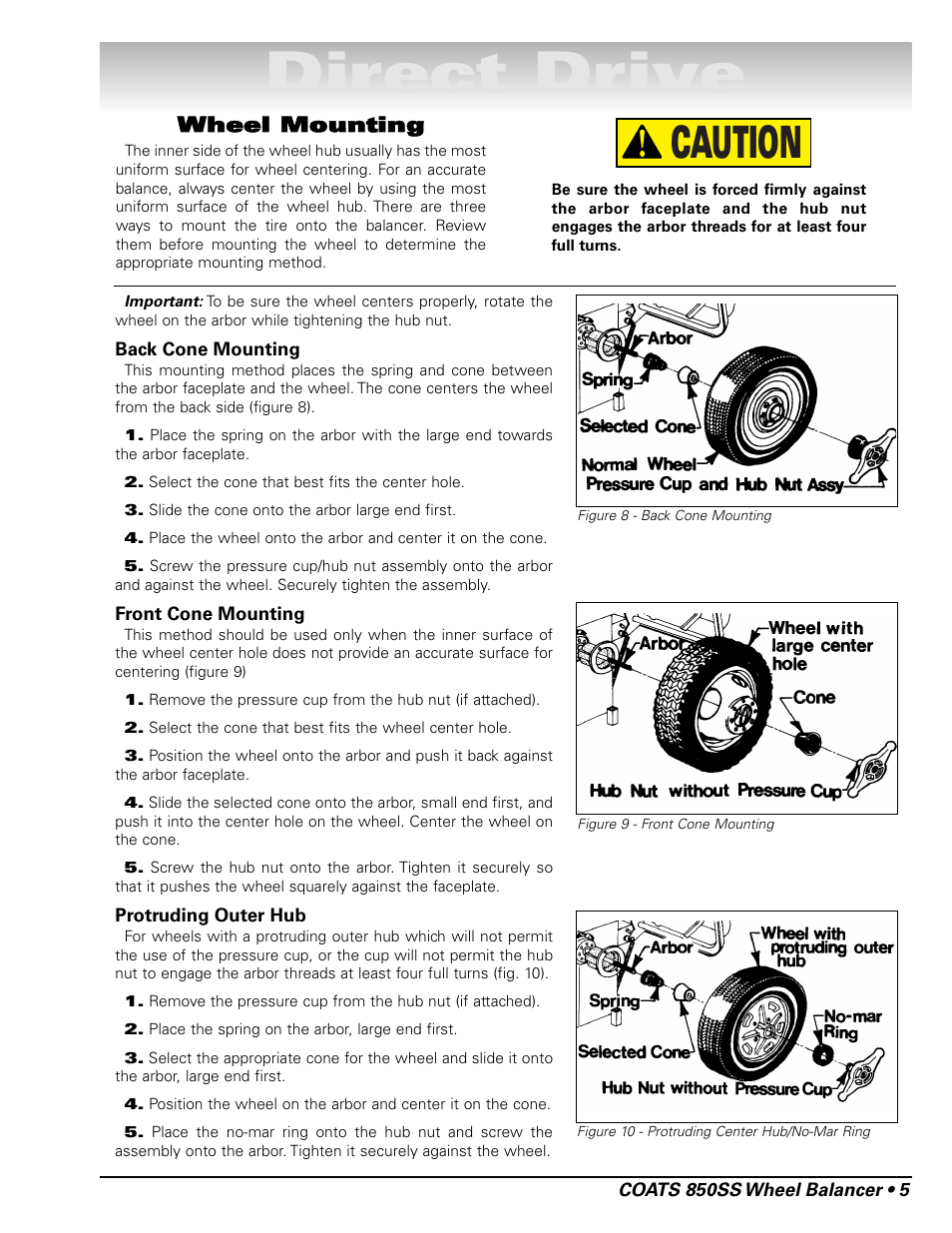 Direct drive, Caution, Wheel mounting | COATS 850 Solid State Wheel Balancer User Manual | Page 11 / 20