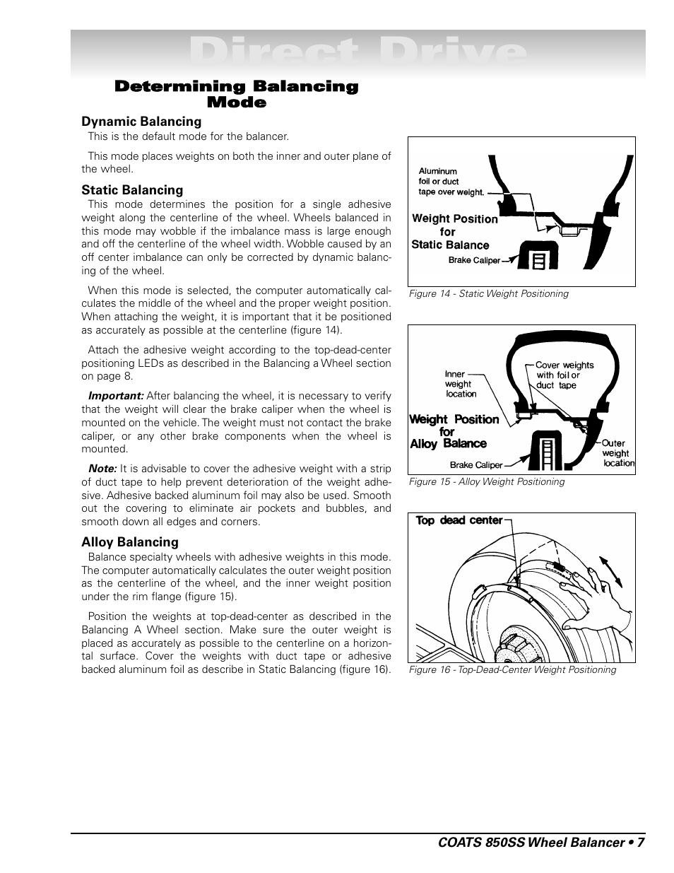 Direct drive, Determining balancing mode | COATS 850 Solid State Wheel Balancer User Manual | Page 13 / 20