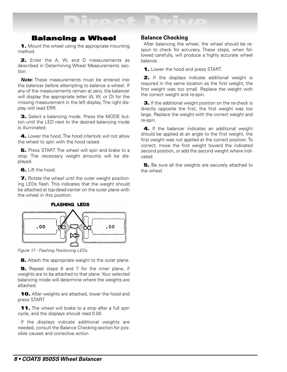 Direct drive, Balancing a wheel | COATS 850 Solid State Wheel Balancer User Manual | Page 14 / 20