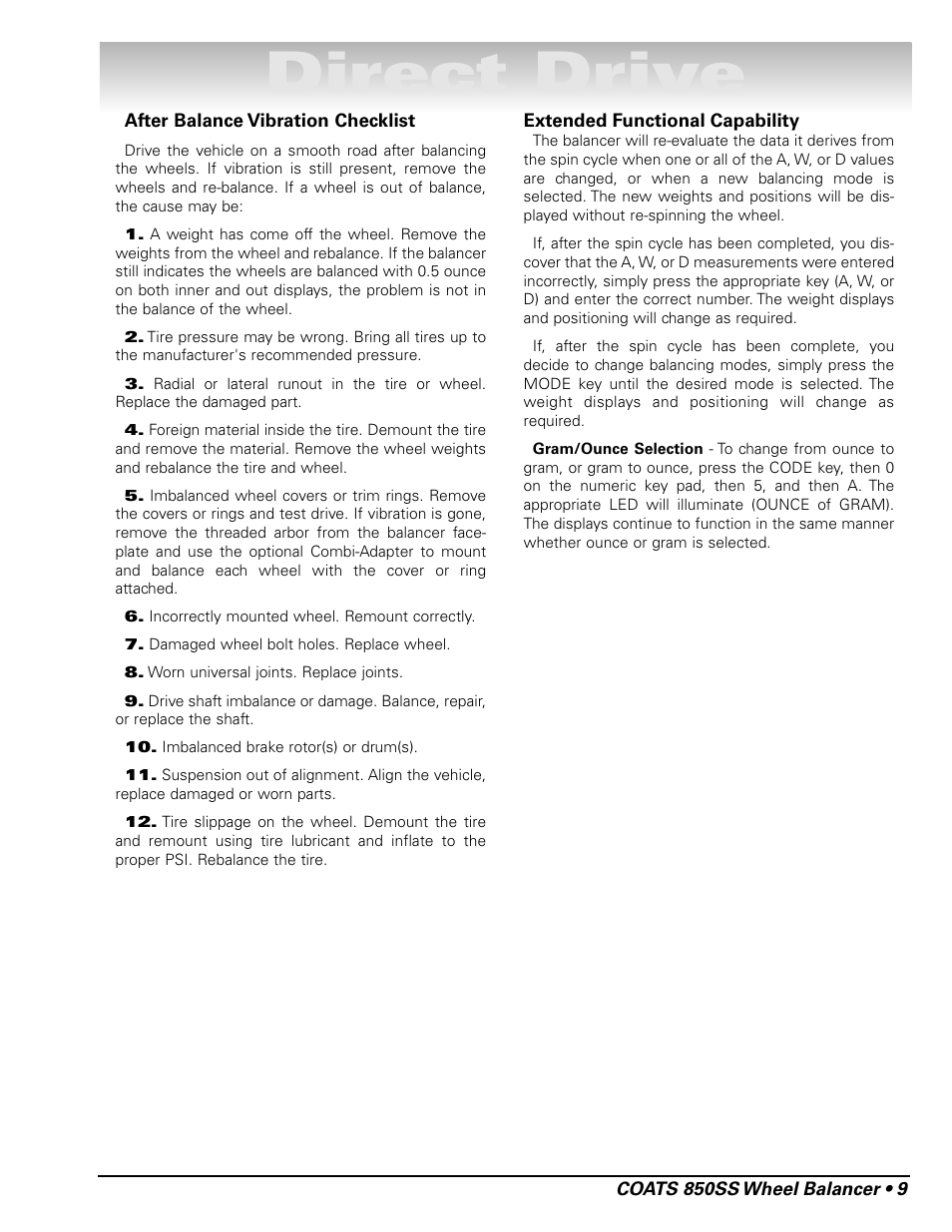 Direct drive | COATS 850 Solid State Wheel Balancer User Manual | Page 15 / 20