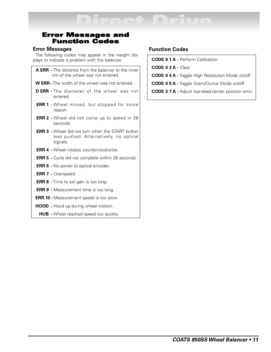 Direct drive, Error messages and function codes | COATS 850 Solid State Wheel Balancer User Manual | Page 17 / 20