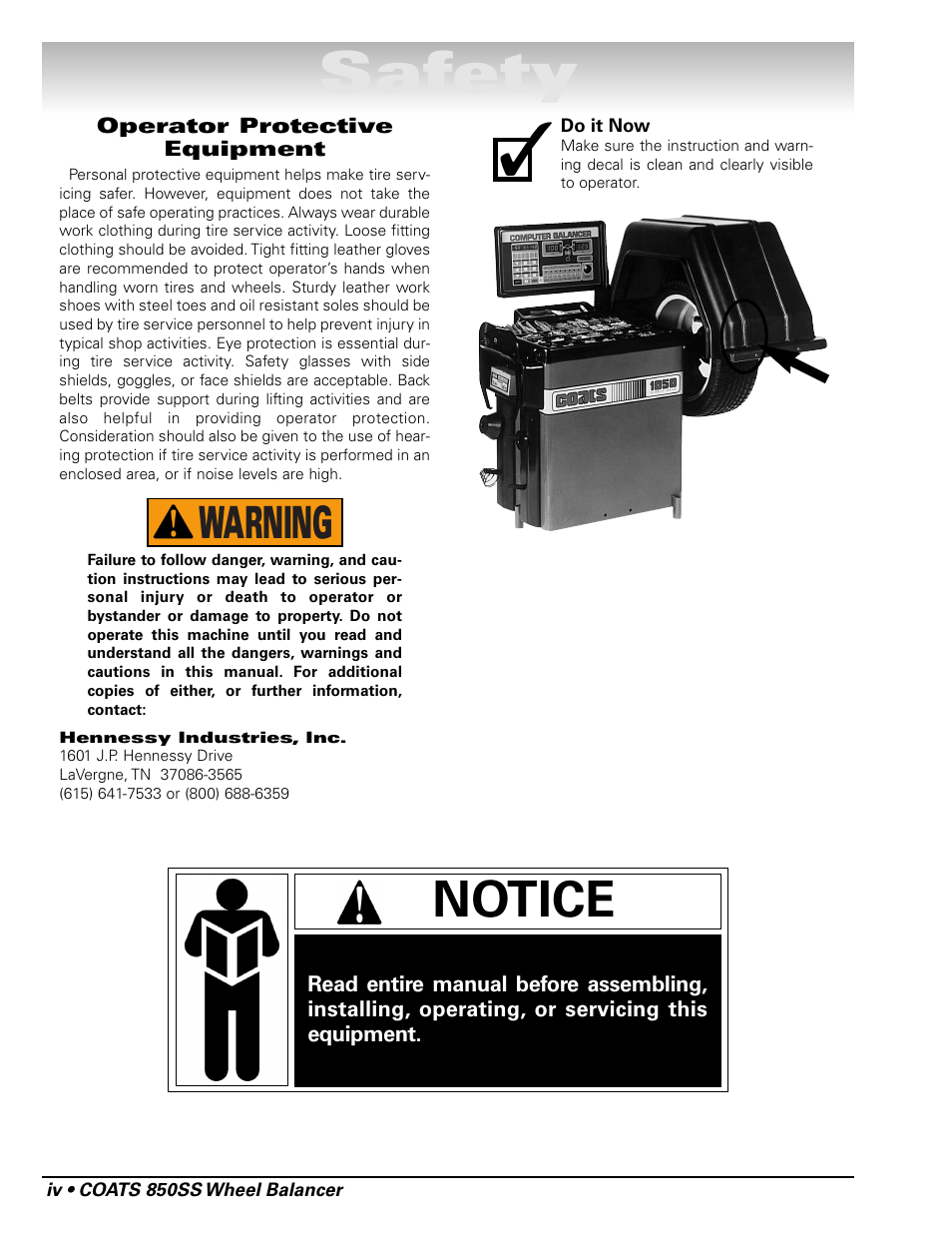 Safety, Notice, Warning | COATS 850 Solid State Wheel Balancer User Manual | Page 4 / 20