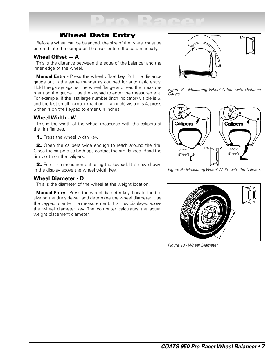 Pro racer, Wheel data entry | COATS 950 Pro Racer Wheel Balancer User Manual | Page 13 / 20