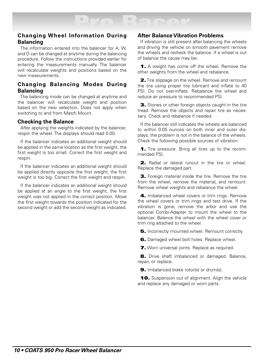 Pro racer | COATS 950 Pro Racer Wheel Balancer User Manual | Page 16 / 20