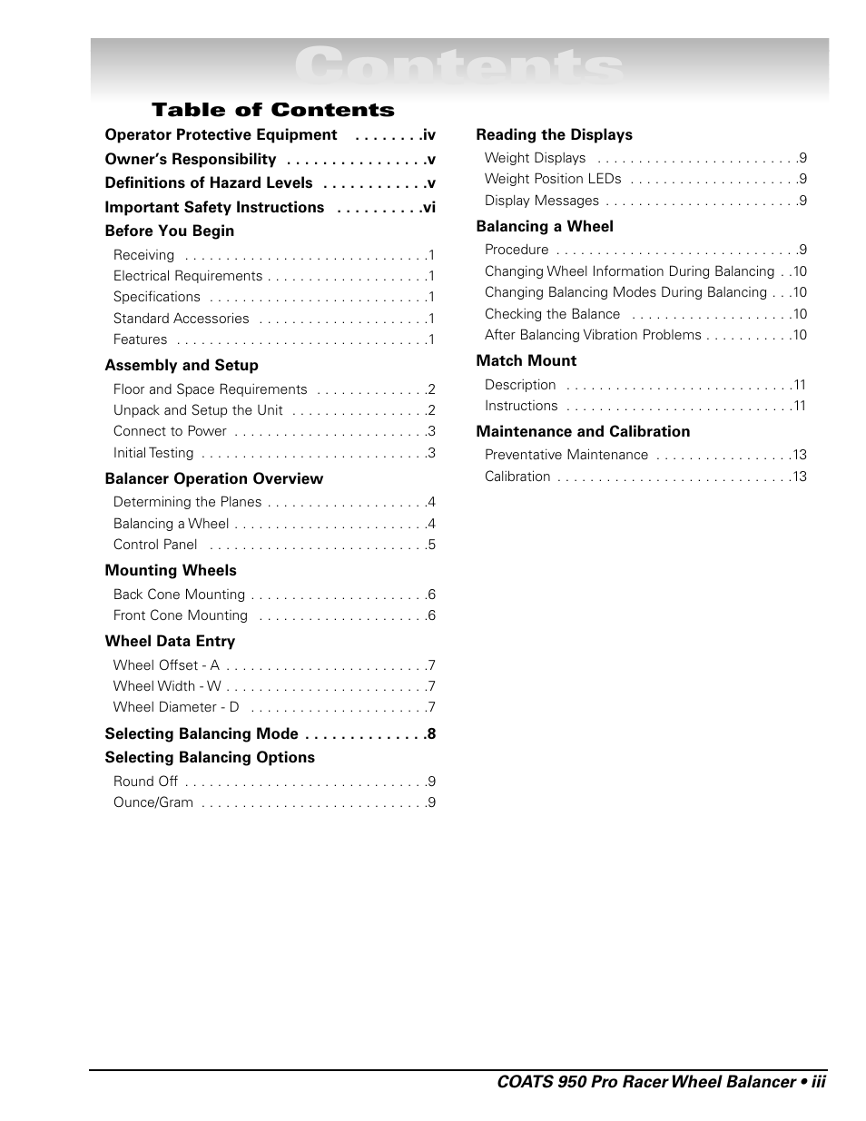 COATS 950 Pro Racer Wheel Balancer User Manual | Page 3 / 20