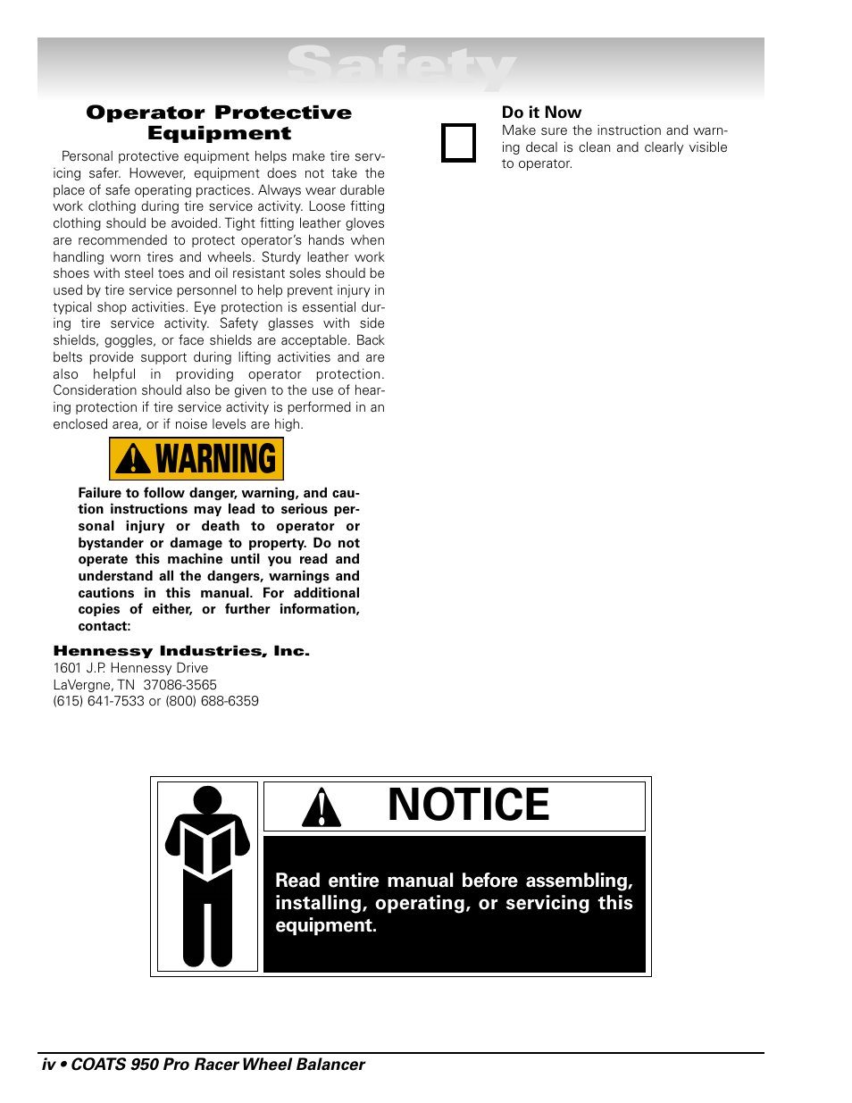 Safety, Notice, Warning | COATS 950 Pro Racer Wheel Balancer User Manual | Page 4 / 20