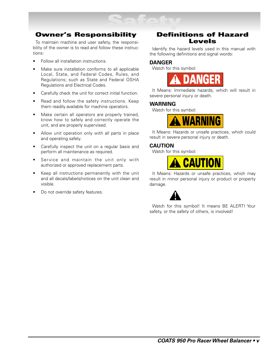 Safety, Caution warning danger | COATS 950 Pro Racer Wheel Balancer User Manual | Page 5 / 20