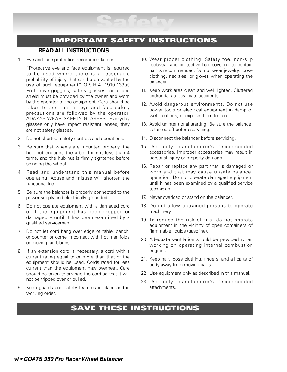 Safety | COATS 950 Pro Racer Wheel Balancer User Manual | Page 6 / 20