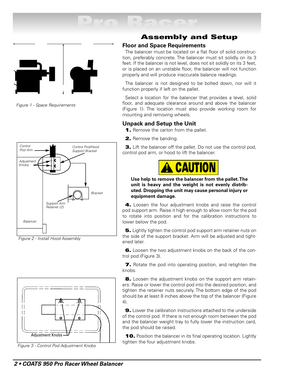 Pro racer, Caution, Assembly and setup | COATS 950 Pro Racer Wheel Balancer User Manual | Page 8 / 20