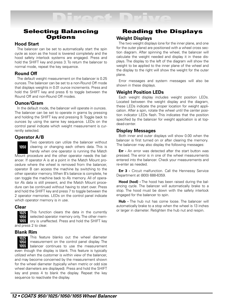 Direct drive, Selecting balancing options, Reading the displays | COATS 1055 Balancer User Manual | Page 18 / 24