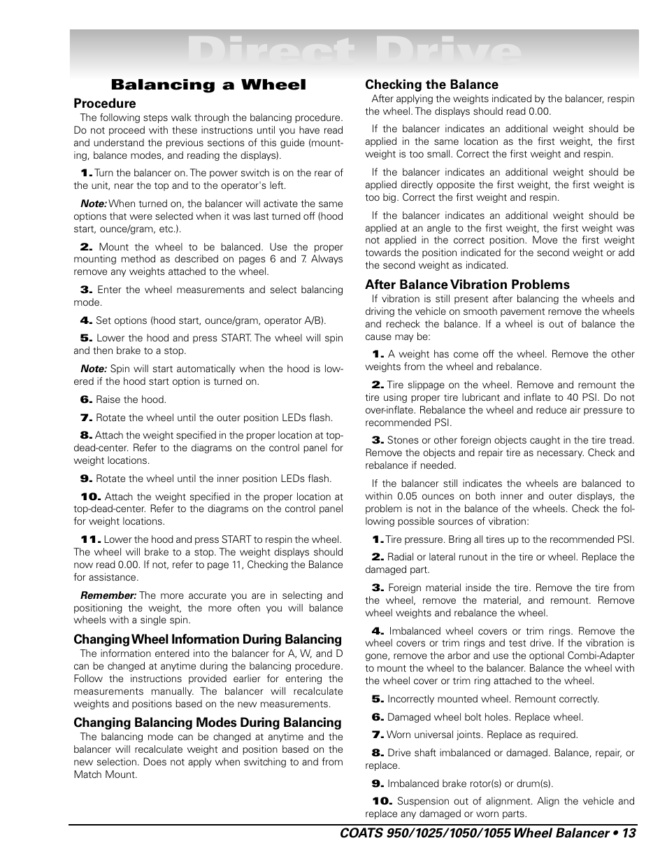 Direct drive, Balancing a wheel | COATS 1055 Balancer User Manual | Page 19 / 24