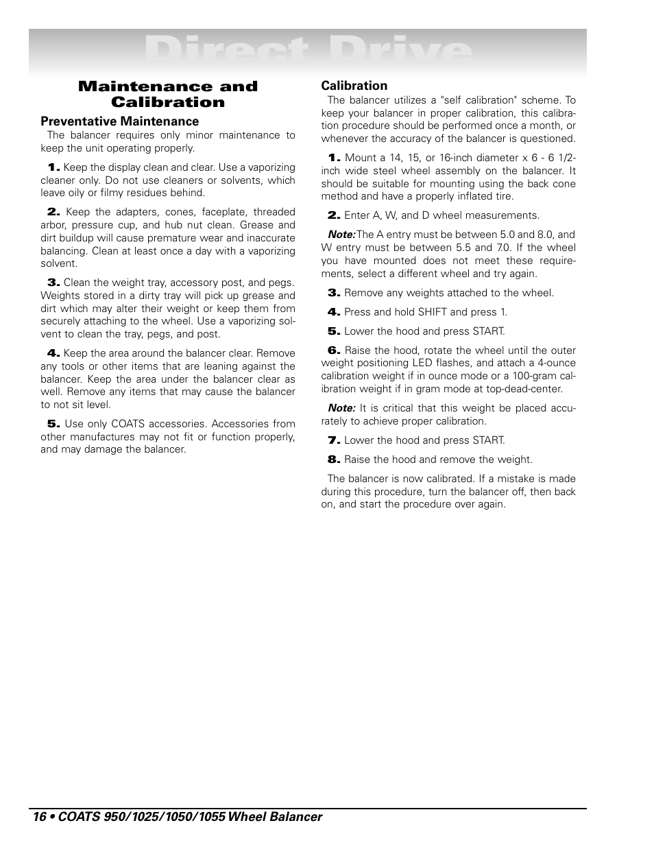 Direct drive, Maintenance and calibration | COATS 1055 Balancer User Manual | Page 22 / 24