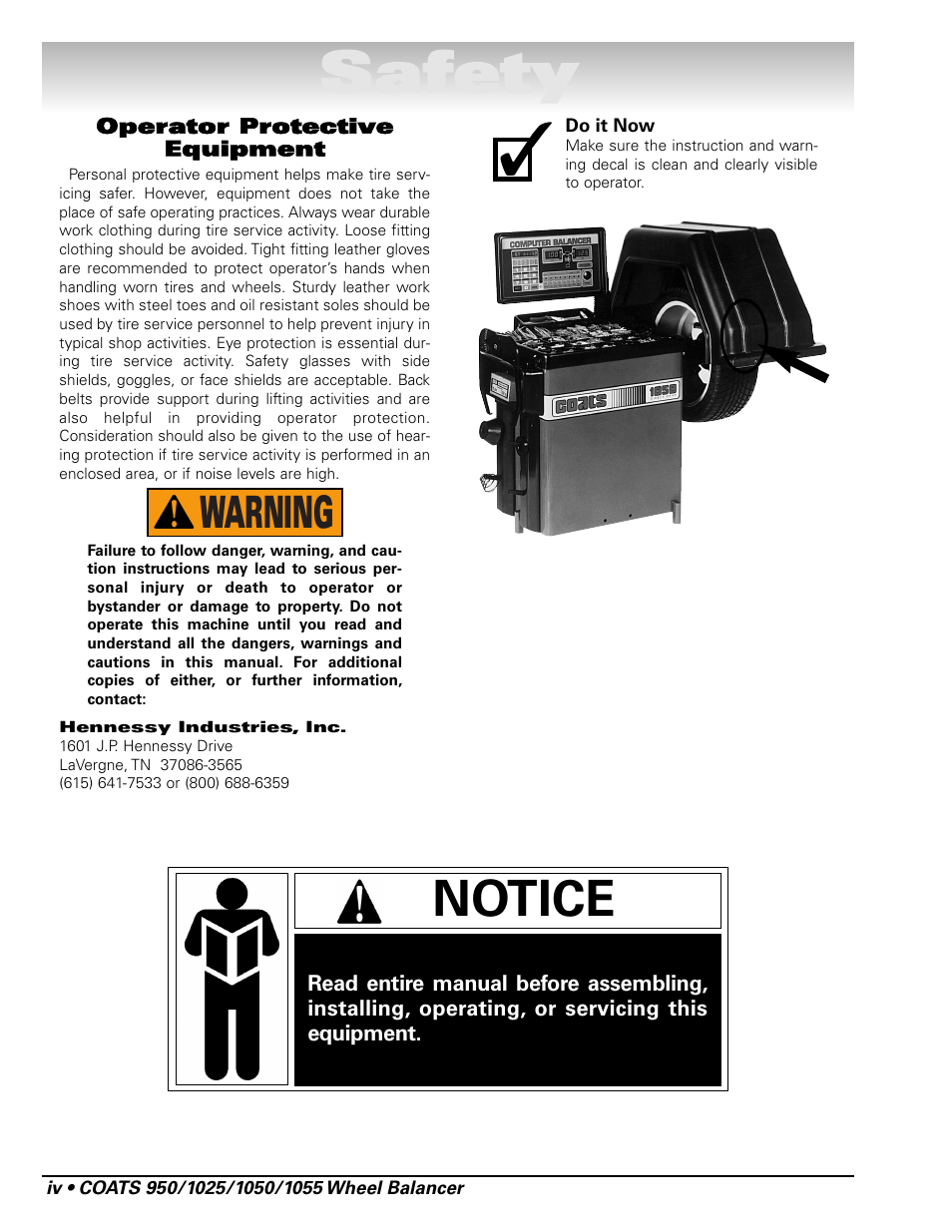 Safety, Notice, Warning | COATS 1055 Balancer User Manual | Page 4 / 24