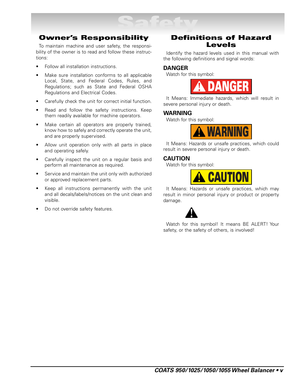 Safety, Caution warning danger | COATS 1055 Balancer User Manual | Page 5 / 24