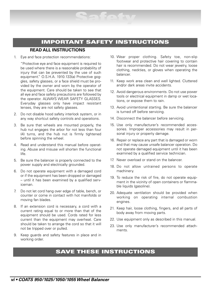 Safety | COATS 1055 Balancer User Manual | Page 6 / 24