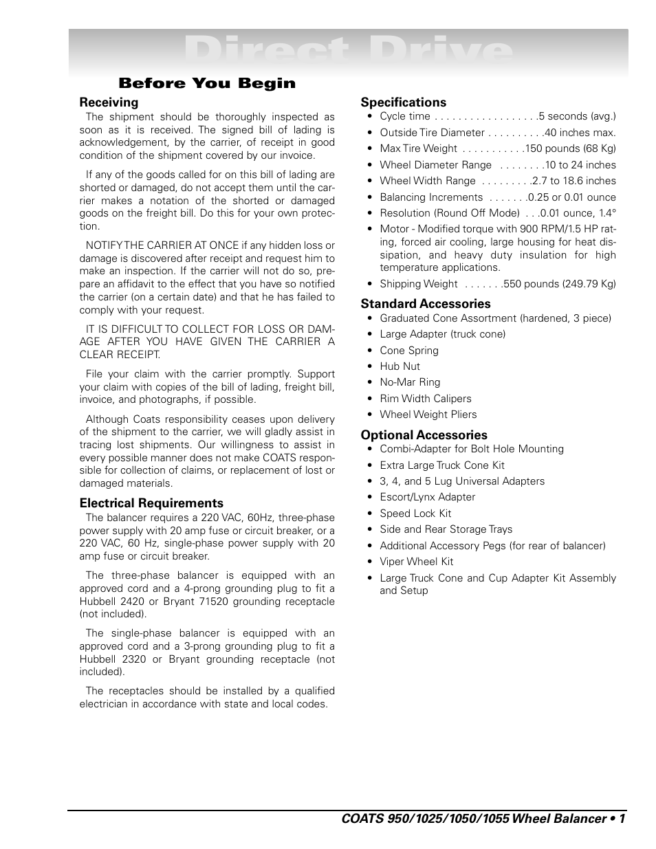 Direct drive, Before you begin | COATS 1055 Balancer User Manual | Page 7 / 24