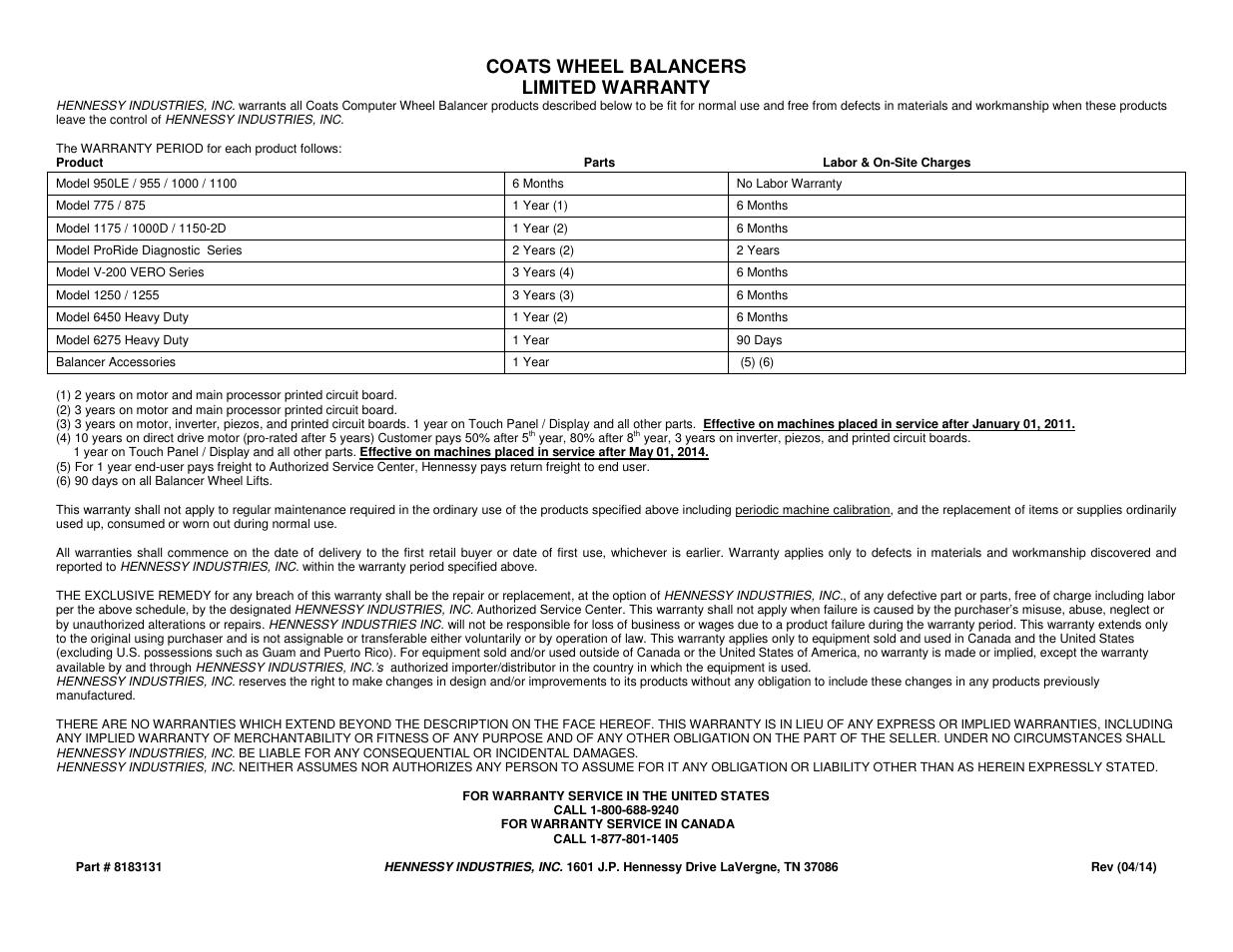 COATS Balancers Limited Warranty User Manual | 1 page