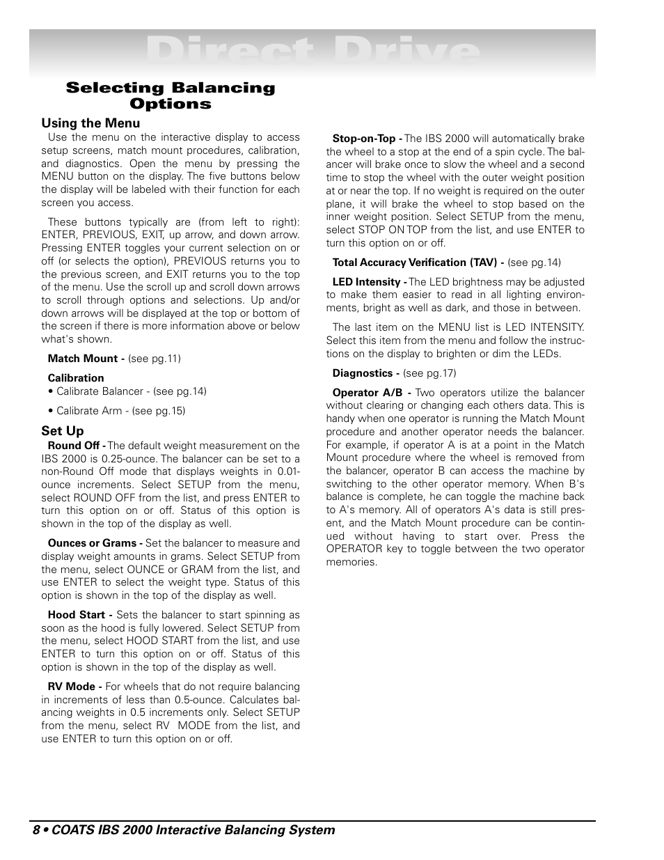 Direct drive, Selecting balancing options | COATS IBS 2000 Wheel Balancer User Manual | Page 14 / 24