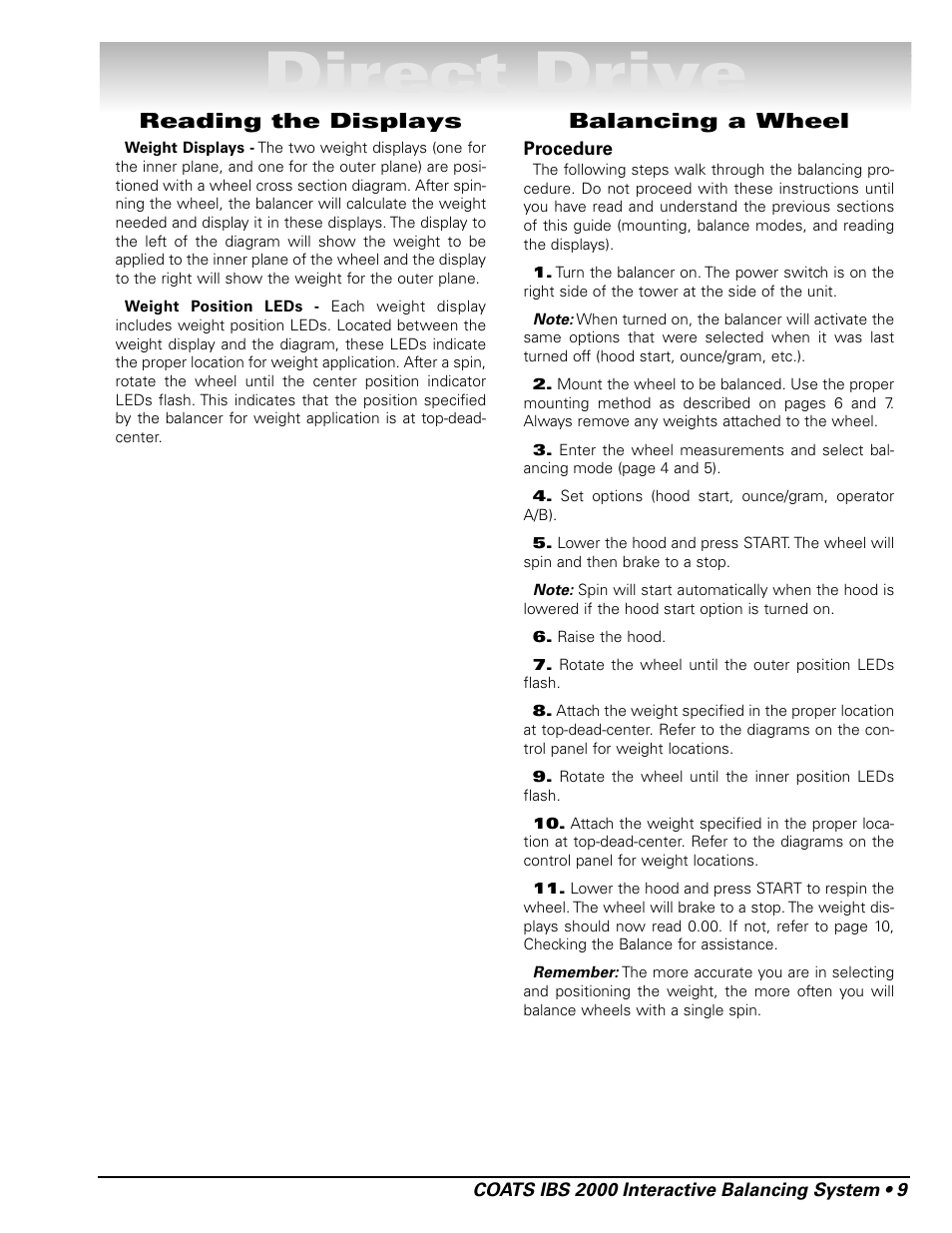 Direct drive, Reading the displays, Balancing a wheel | COATS IBS 2000 Wheel Balancer User Manual | Page 15 / 24