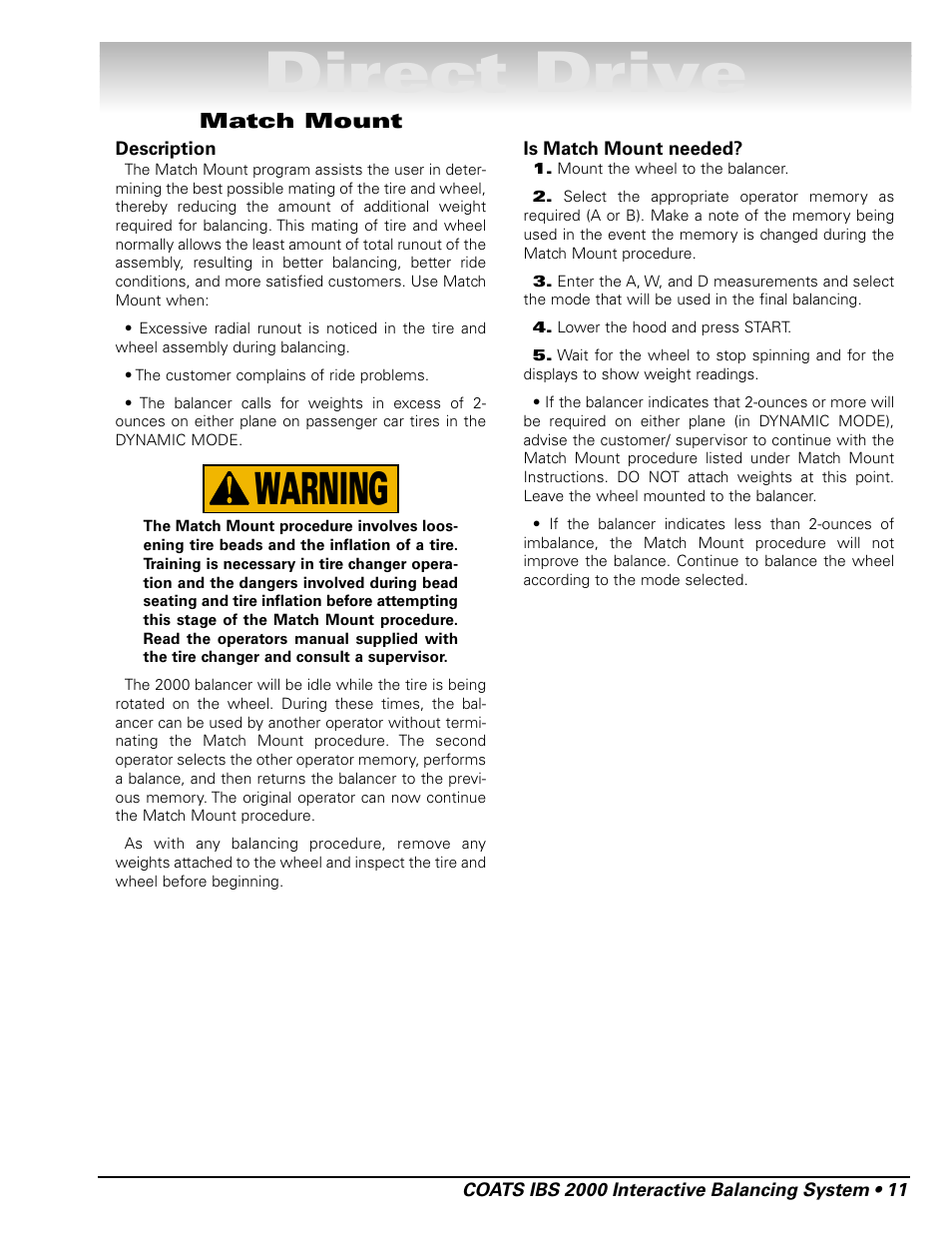 Direct drive, Warning | COATS IBS 2000 Wheel Balancer User Manual | Page 17 / 24