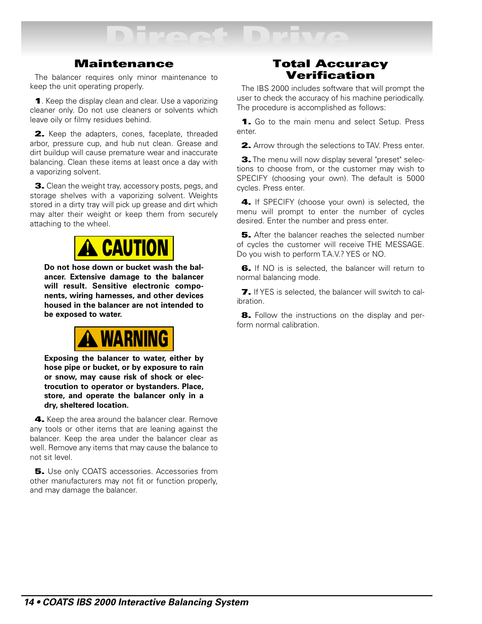 Direct drive, Warning caution | COATS IBS 2000 Wheel Balancer User Manual | Page 20 / 24