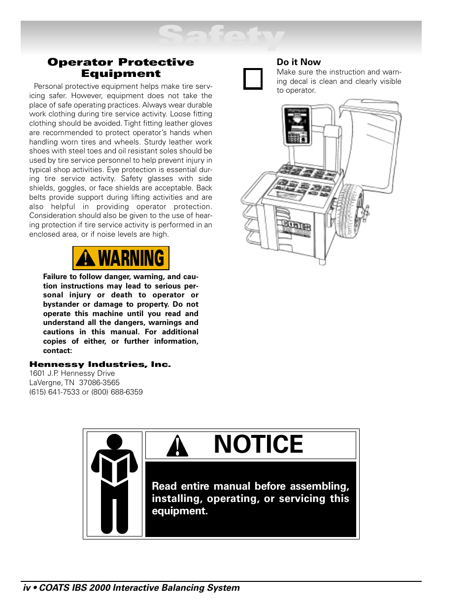 Safety, Notice, Warning | COATS IBS 2000 Wheel Balancer User Manual | Page 4 / 24