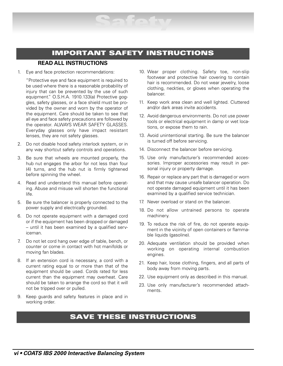 Safety | COATS IBS 2000 Wheel Balancer User Manual | Page 6 / 24