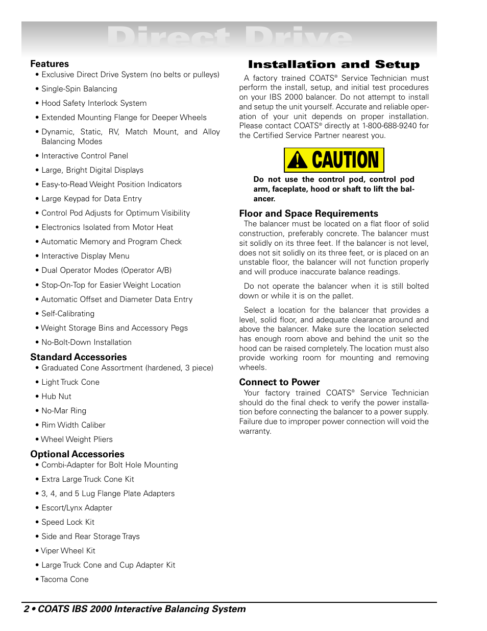 Direct drive, Caution, Installation and setup | COATS IBS 2000 Wheel Balancer User Manual | Page 8 / 24