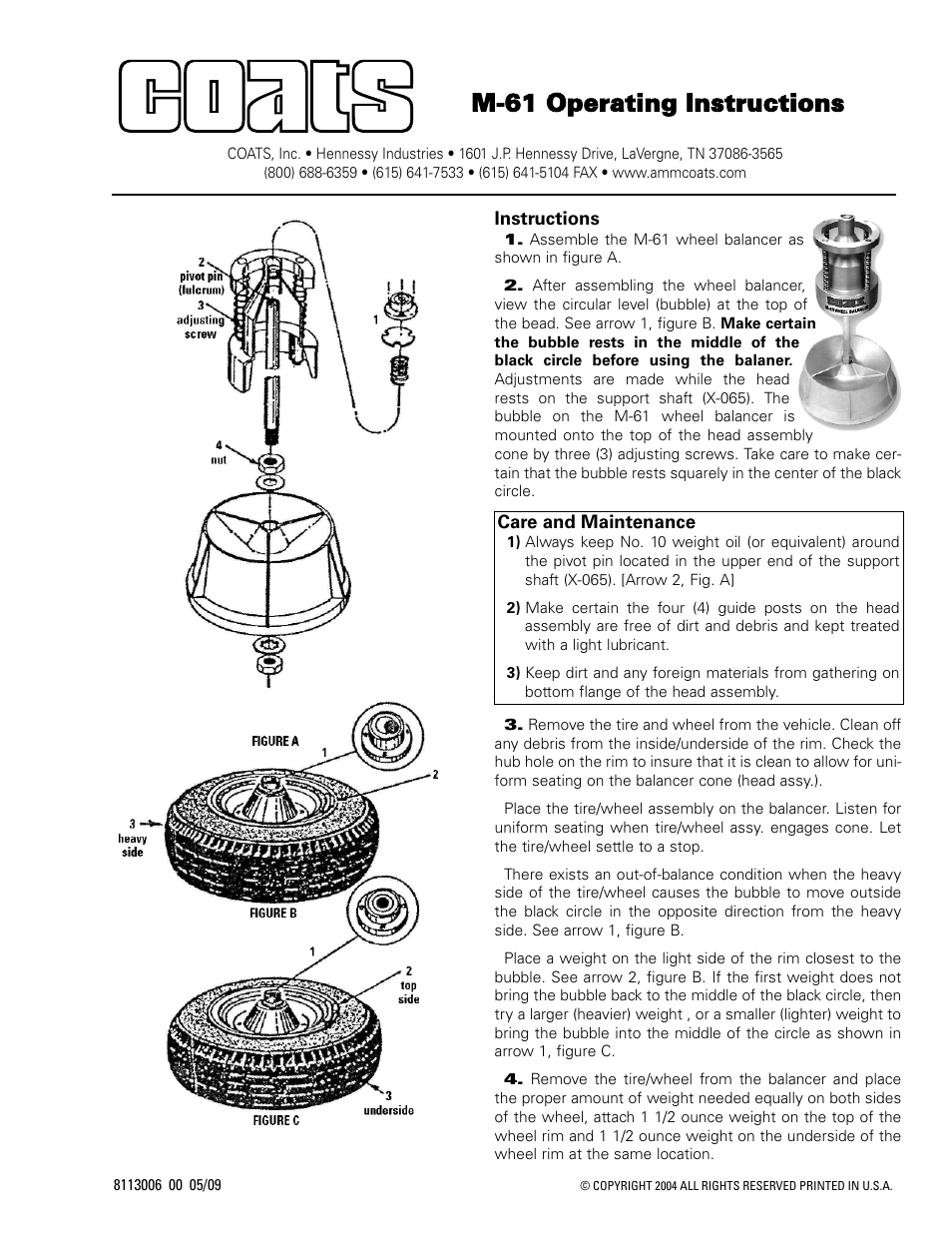 COATS M-61 Wheel Balancer User Manual | 1 page