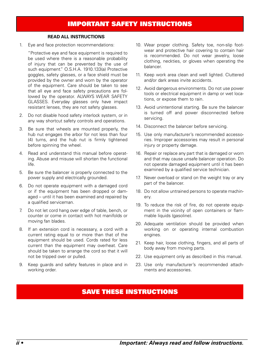Important safety instructions | COATS ProRide Wheel Balancer User Manual | Page 2 / 34